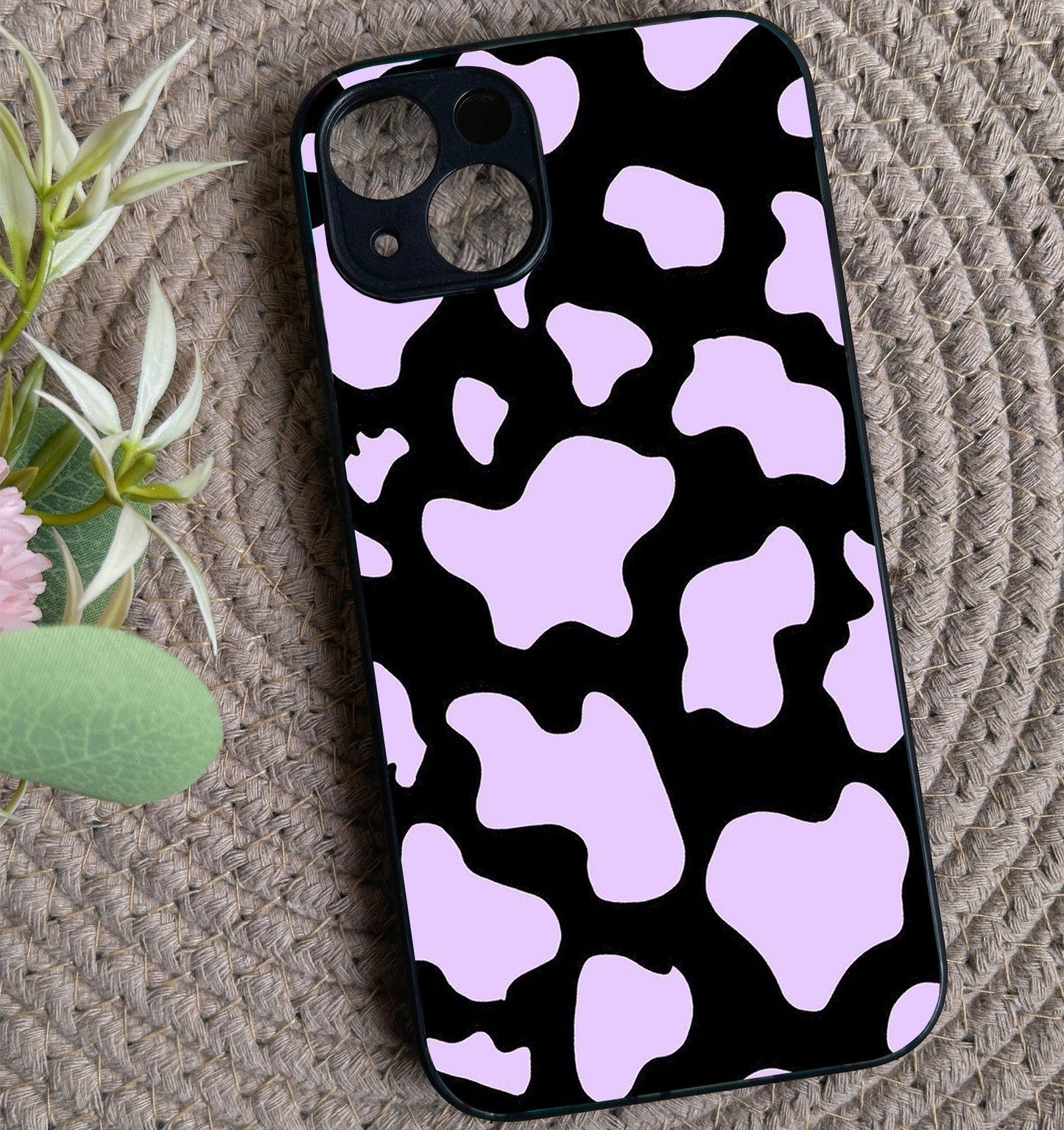 Lavender Cow Print Glossy Metal Back Case for Apple Iphone 15 Plus