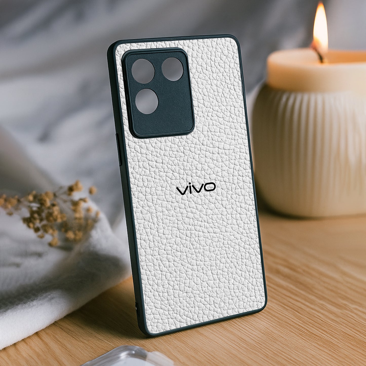 White Leather Metal Back Case for Vivo t2 pro