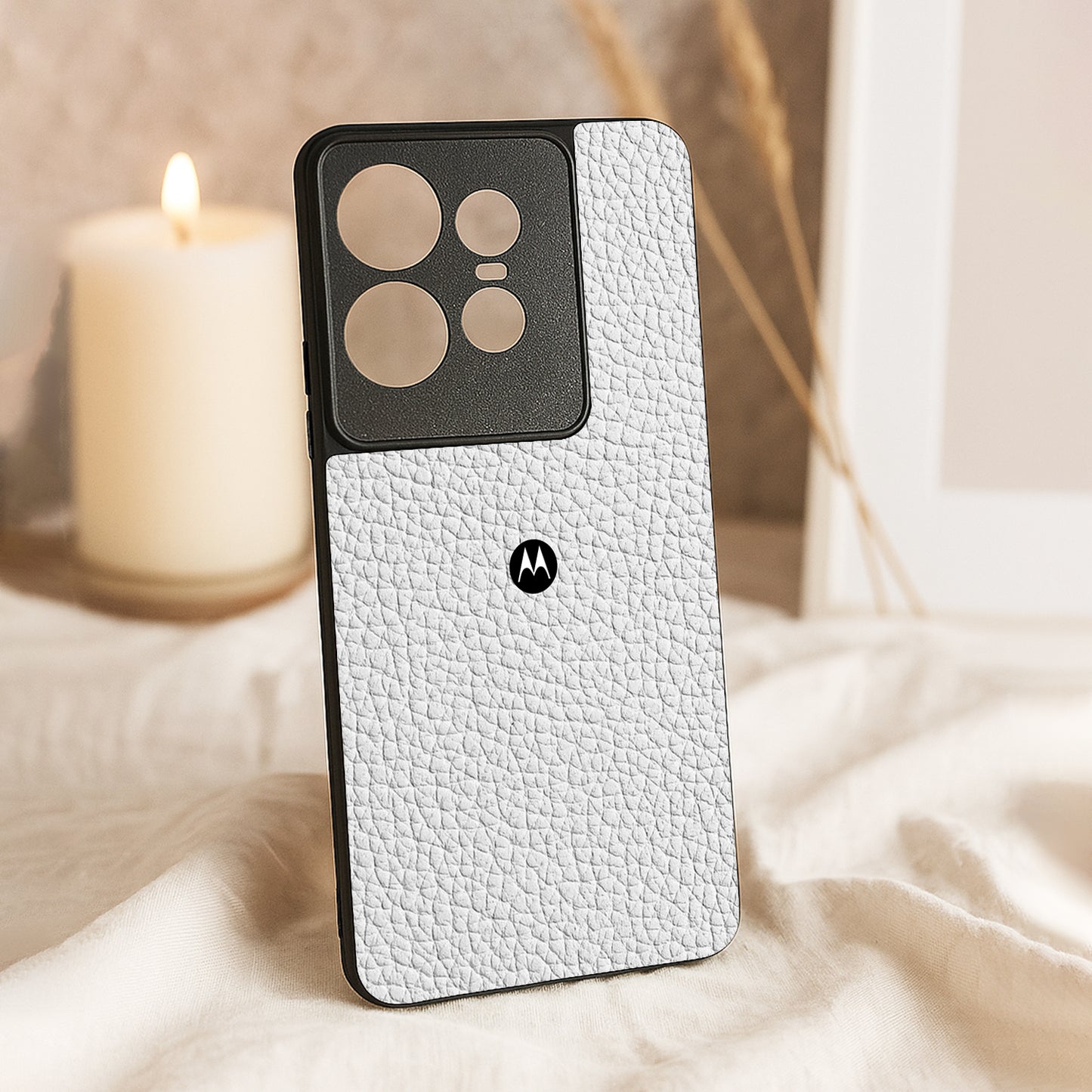 White Leather Metal Back Case for Moto Edge 50 pro