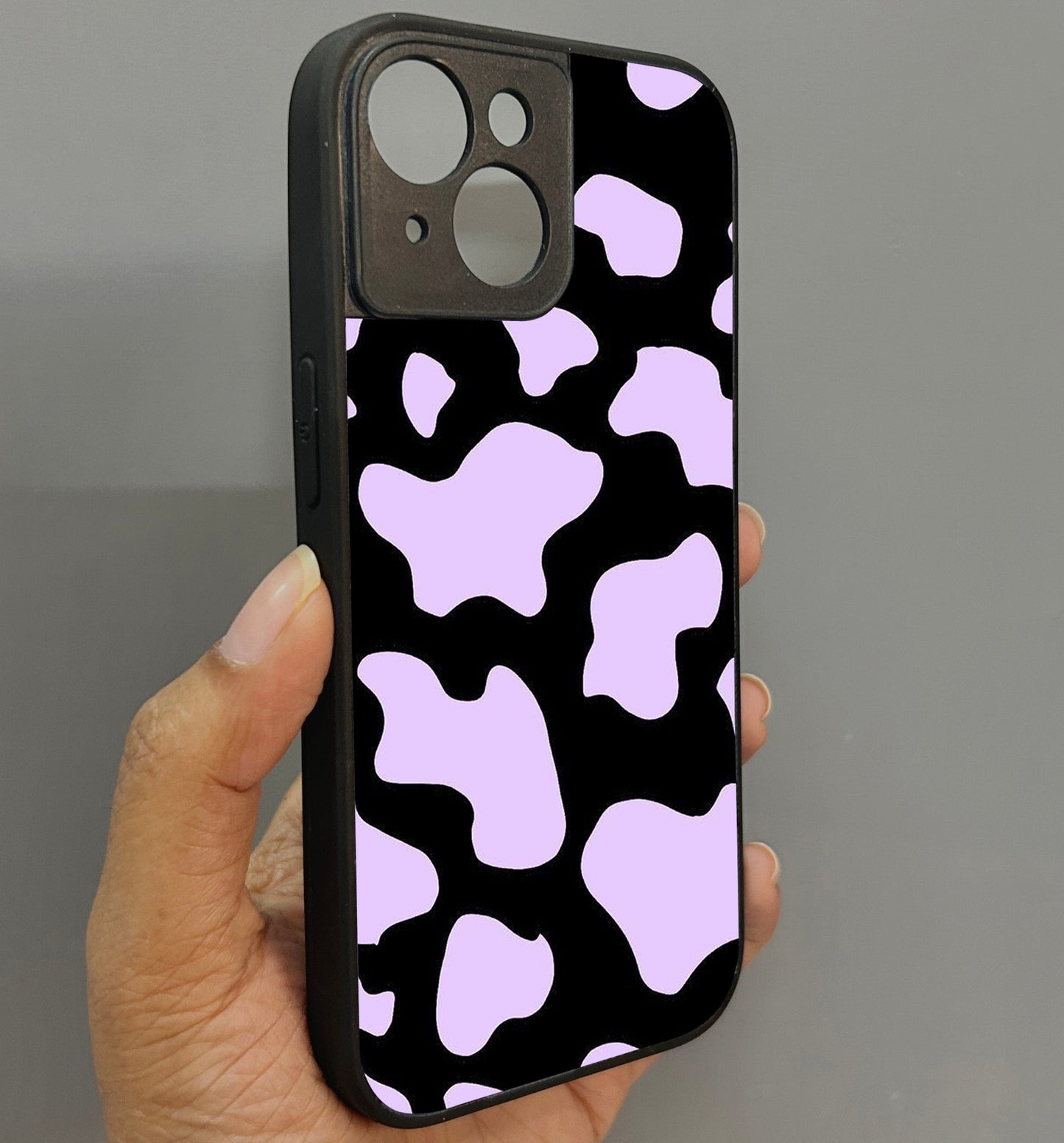 Lavender Cow Print Glossy Metal Back Case for Apple Iphone 15