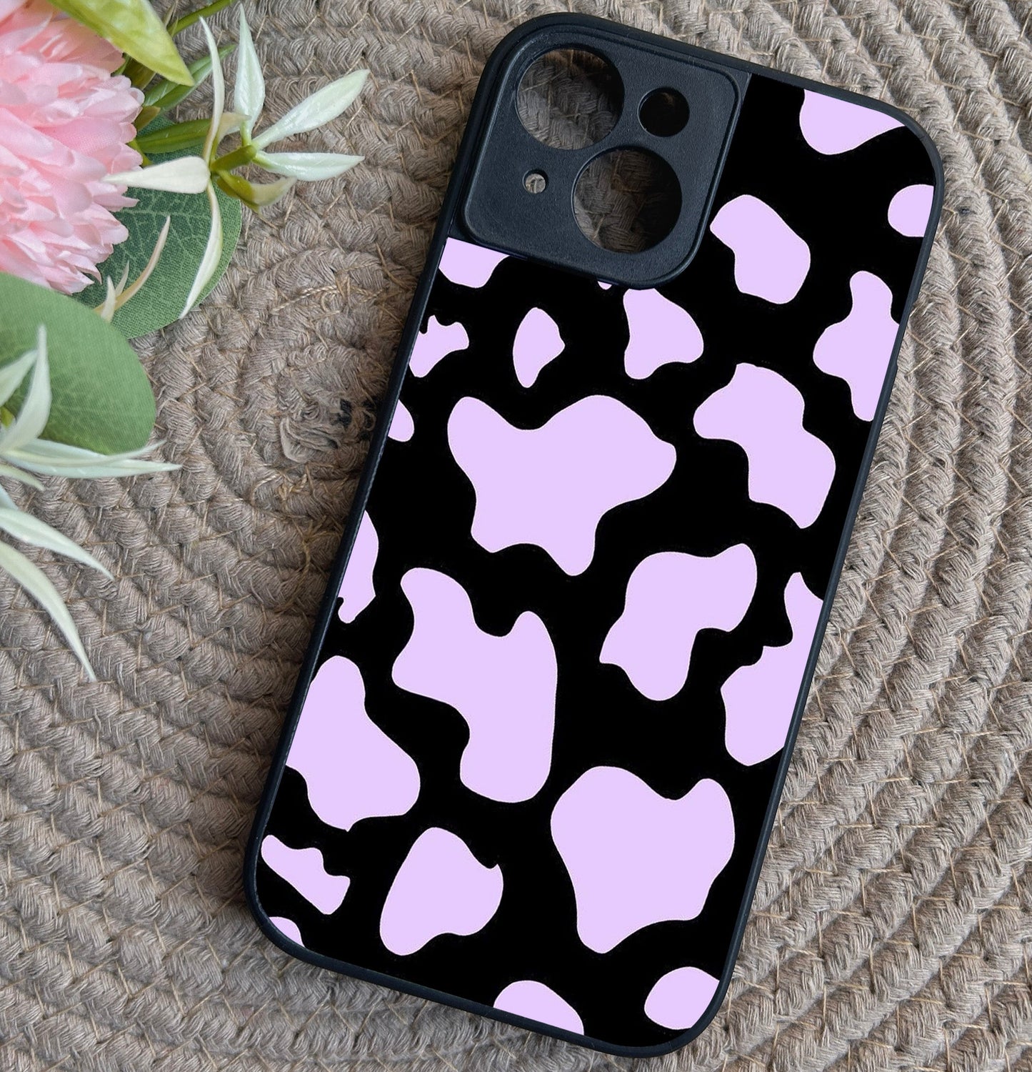 Lavender Cow Print Glossy Metal Back Case for Apple Iphone 15
