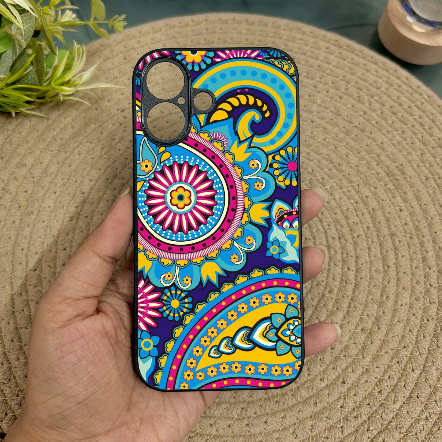 Phulkari Pattern Glossy Metal Back Case for Apple Iphone 16