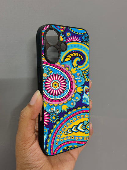 Phulkari Pattern Glossy Metal Back Case for Apple Iphone 16