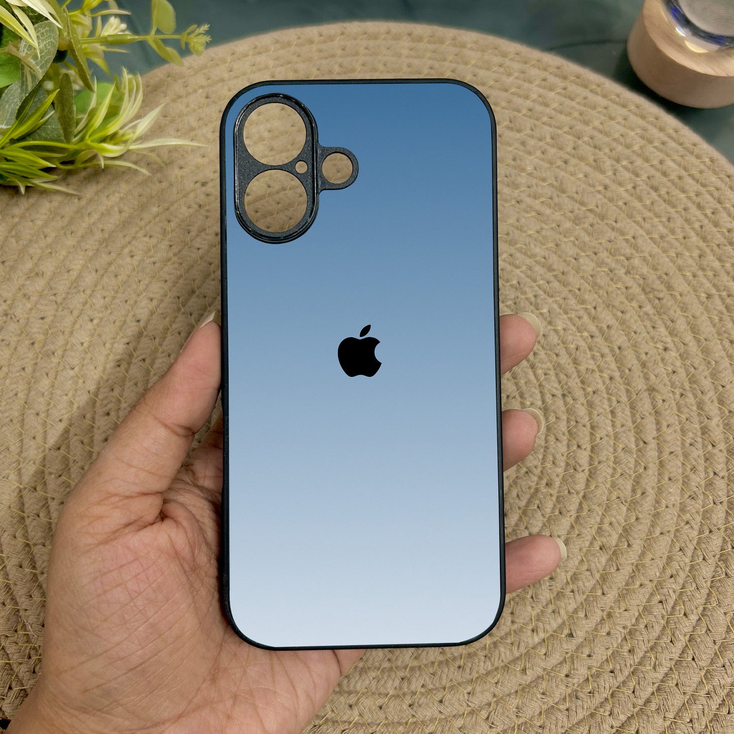 Icy Blue Glossy Metal Back Case for Apple Iphone 16