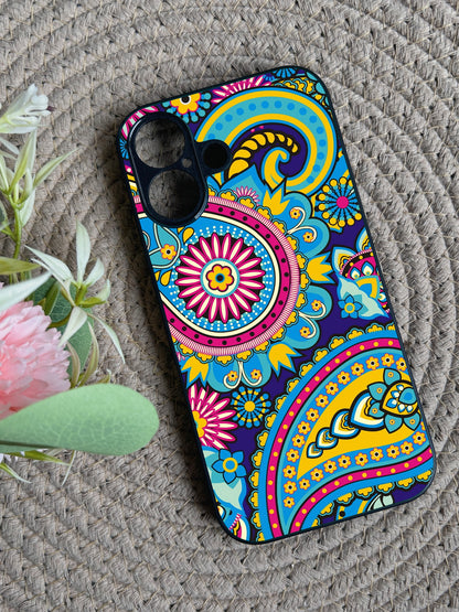 Phulkari Pattern Glossy Metal Back Case for Apple Iphone 16