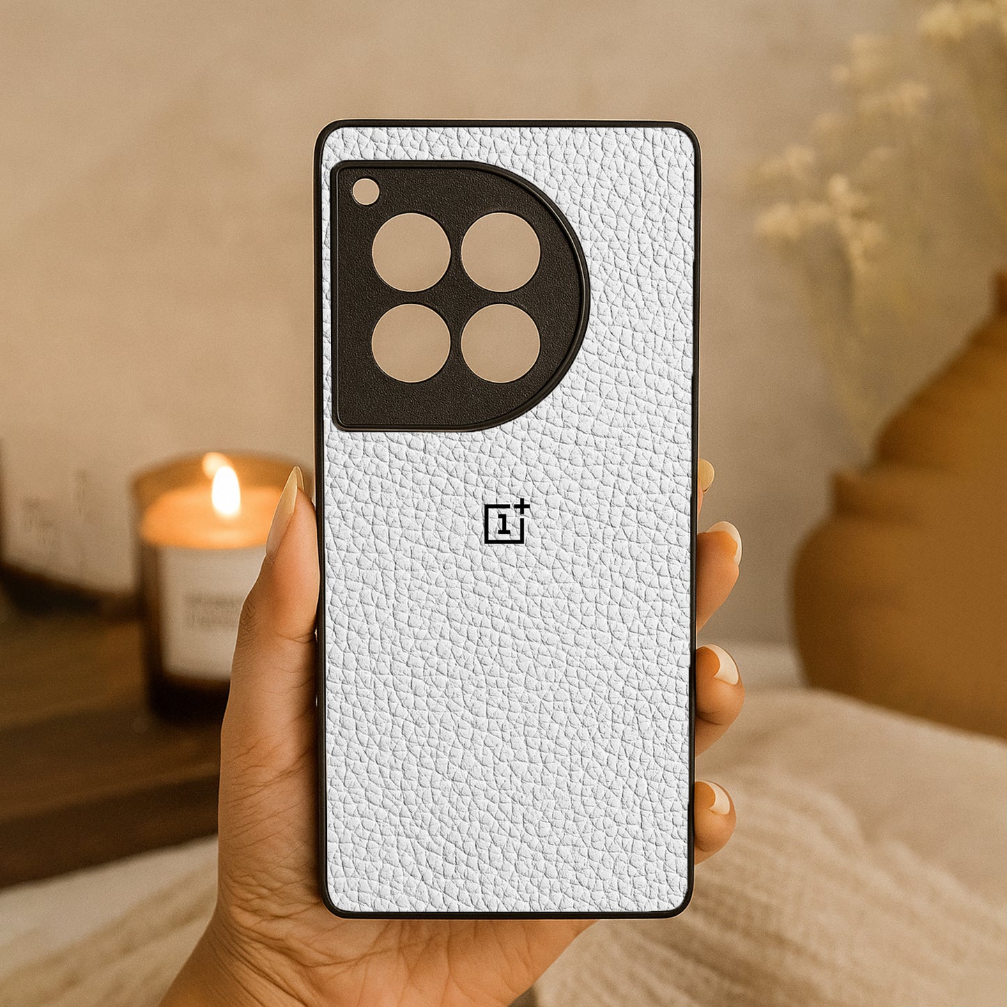 White Leather Metal Back Case for OnePlus 12R