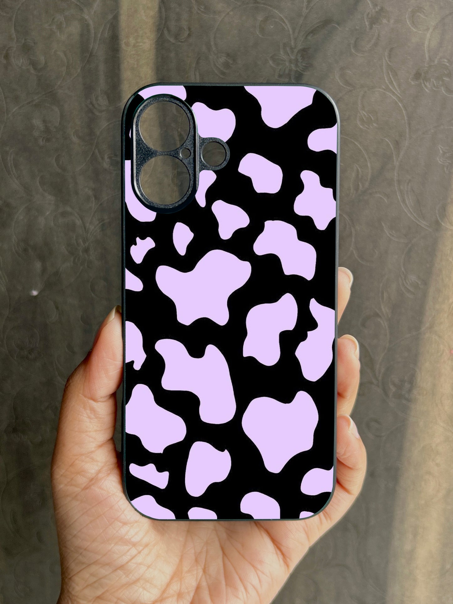 Lavender Cow Print Glossy Metal Back Case for Apple Iphone 16