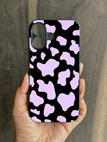 Lavender Cow Print Glossy Metal Back Case for Apple Iphone 16