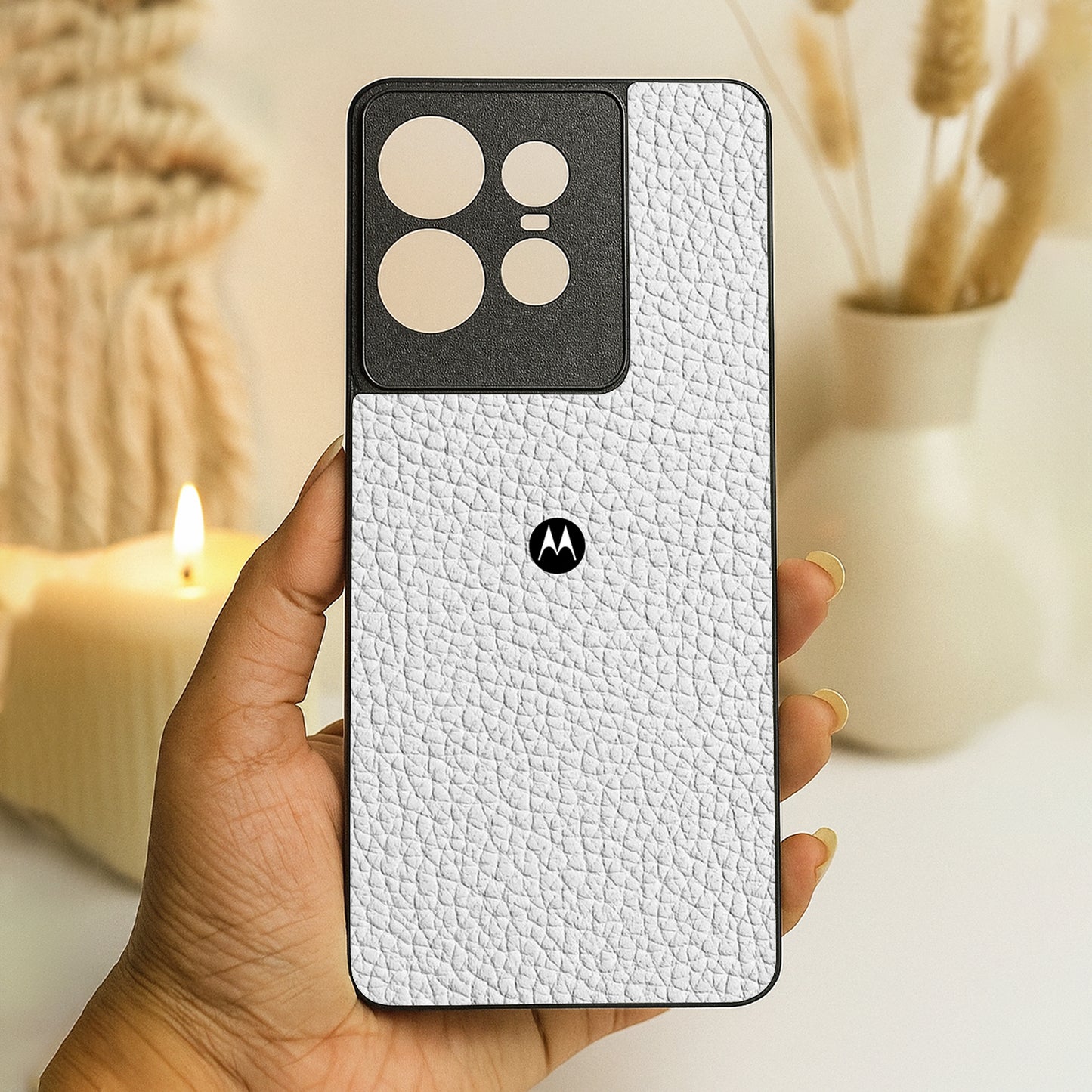 White Leather Metal Back Case for Moto Edge 50 pro