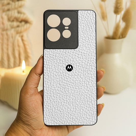 White Leather Metal Back Case for Moto Edge 50 pro