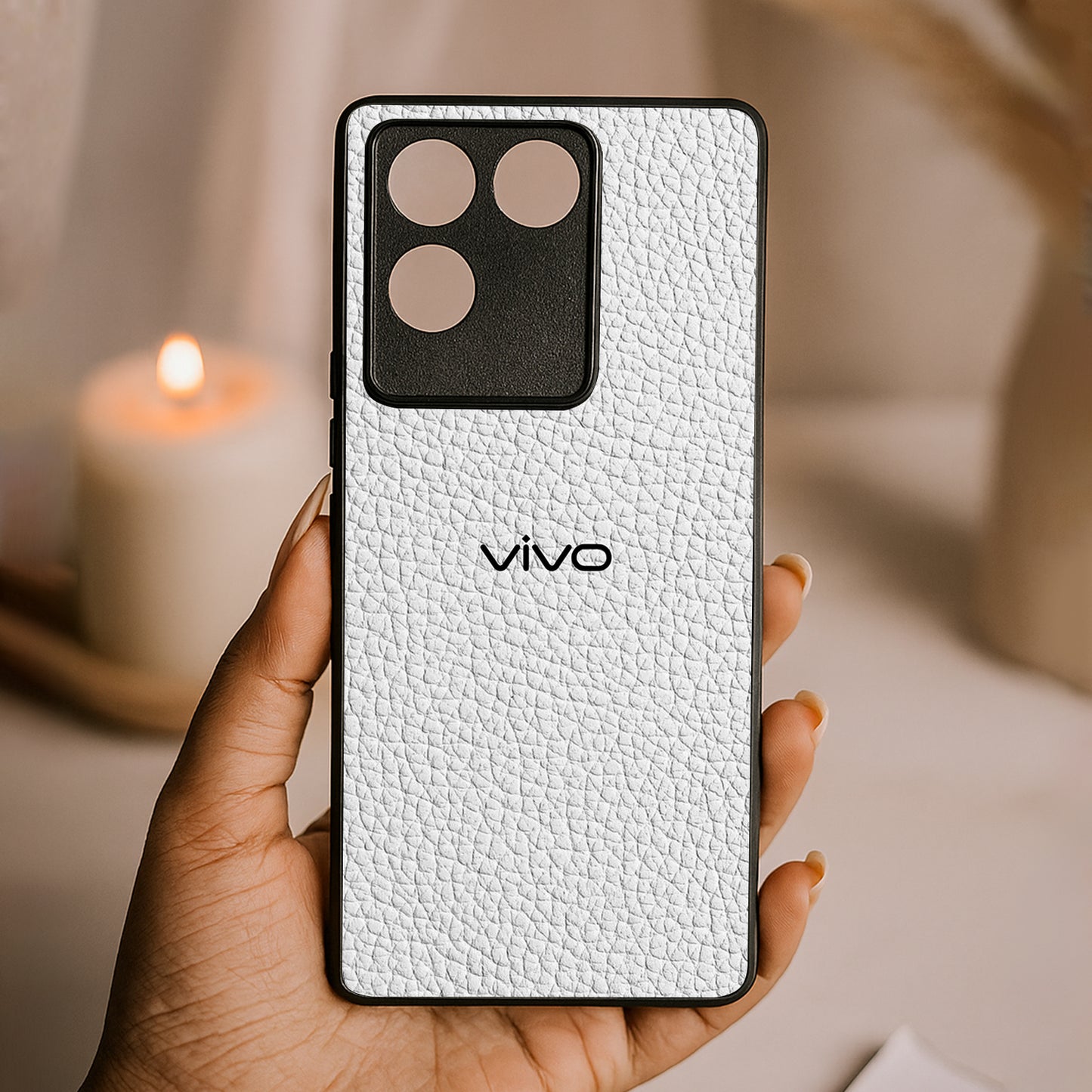 White Leather Metal Back Case for Vivo t2 pro