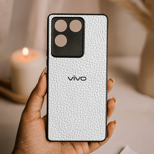White Leather Metal Back Case for Vivo t2 pro