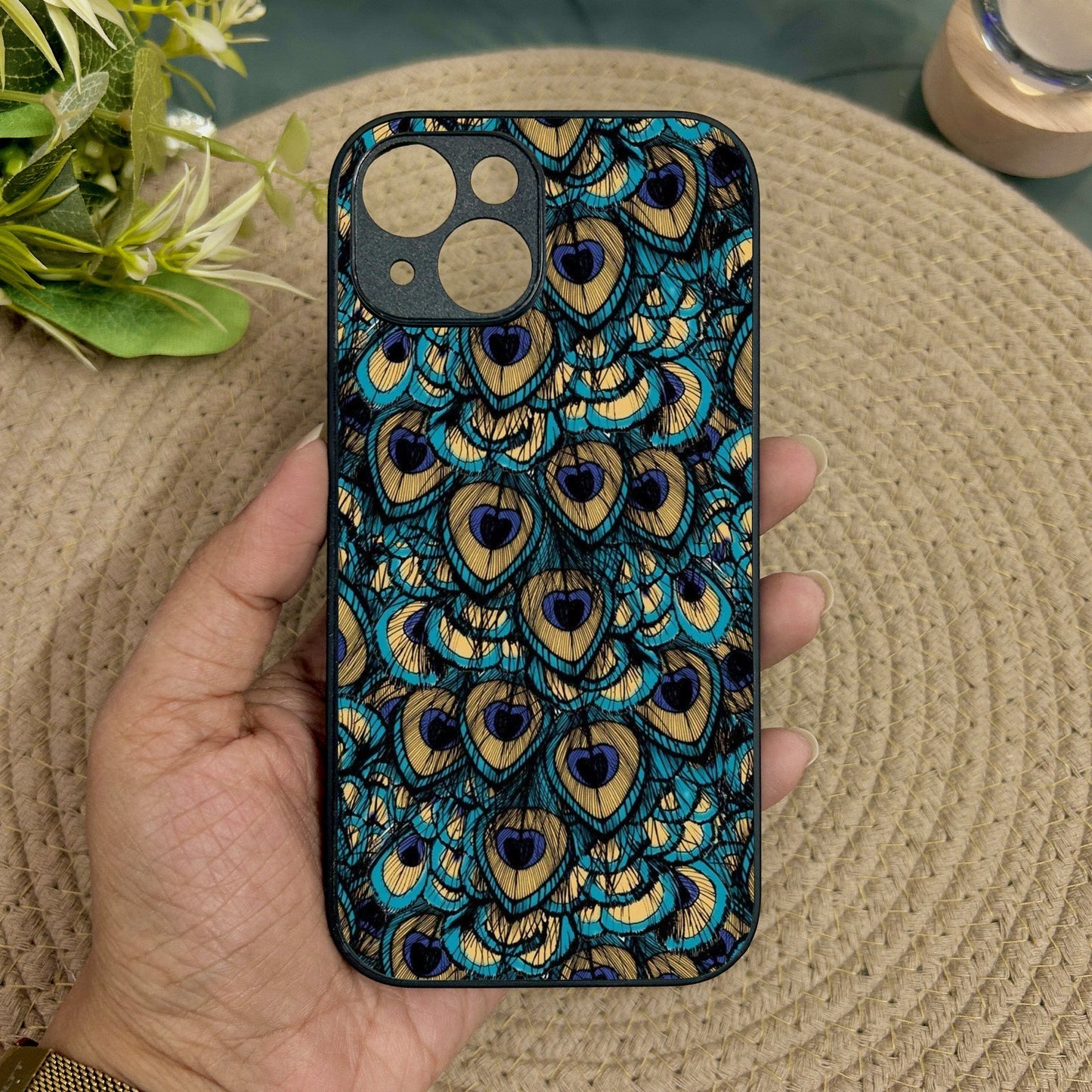 Peacock Feathers Metal Back Case for Apple Iphone 14 Plus