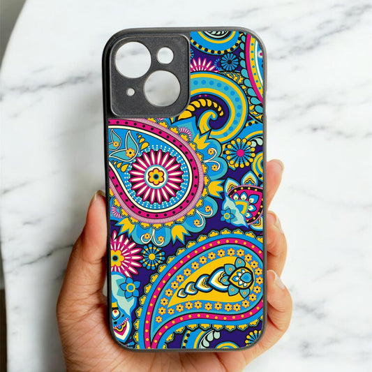 Phulkari Pattern Glossy Metal Back Case for Apple Iphone 15