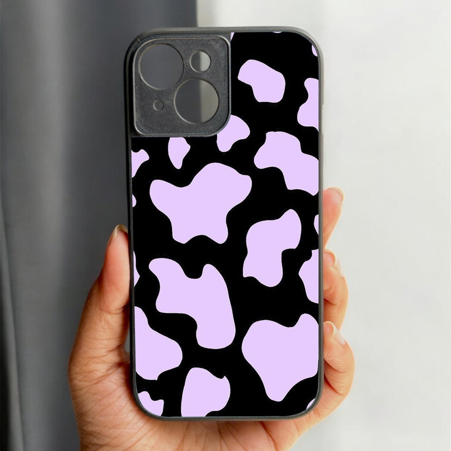 Lavender Cow Print Glossy Metal Back Case for Apple Iphone 15